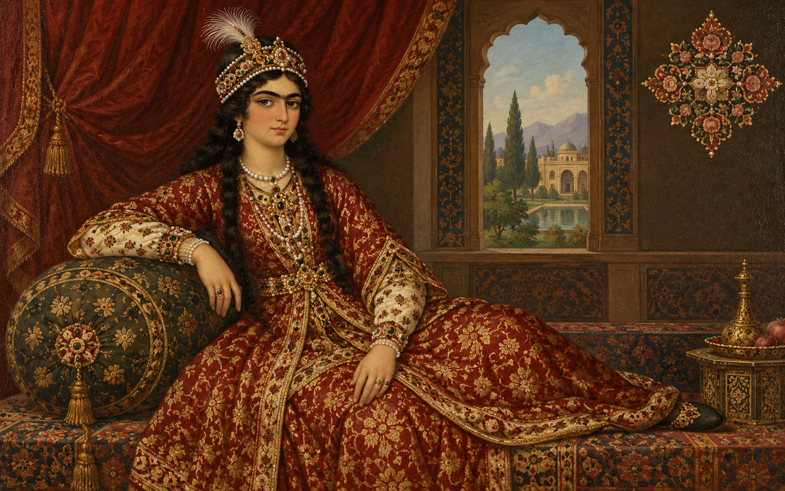 مطالعه‌ی تصویری هنر قاجار: زنی نشسته با ردای پرنقش قرمز و طلایی، تاج جواهرنشون و گیس‌های بلند تیره، تکیه داده به مخده، جلوی پرده‌ی قرمز و پنجره‌ی قوس‌دار.